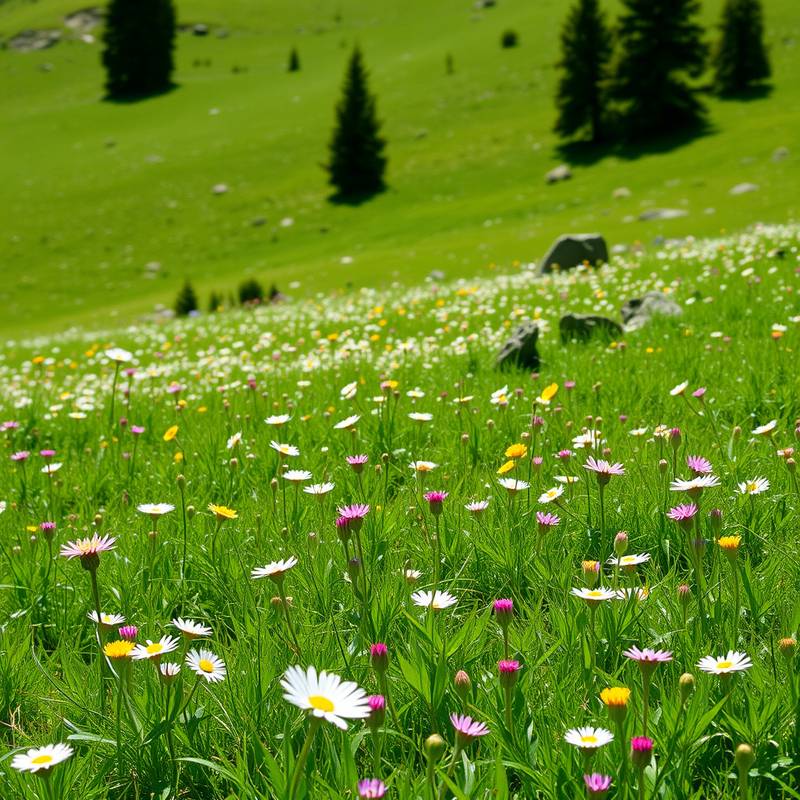 Weite grüne Wiese mit Alpenblumen